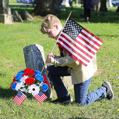 2 Bunches 14 Heads Artificial Flowers for Cemetery, Cemetery Flowers for Grave, 6 Red Roses 4 Blue Roses 4 White Chrysanthemums, Grave Flowers for Cemetery for Memorial Day Veterans Day 4th of July in Saudi Arabia