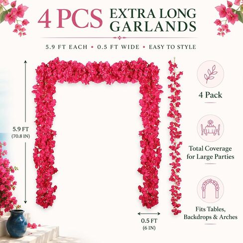Thiccywoov 4 Pcs 5.9 ft Bougainvillea Artificial Flower Garland Faux Bougainvillea Wreaths Tropical Hawaiian Floral Vine for Bachelorette Birthday Summer Dancing Queen Party Wedding Arch Table Decor in Kuwait