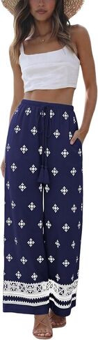 Springrain Women's Boho Wide Leg Linen Pants Casual High Waist Drawstring Summer Floral Palazzo Trousers with Pockets(Navy-XL) in Kuwait