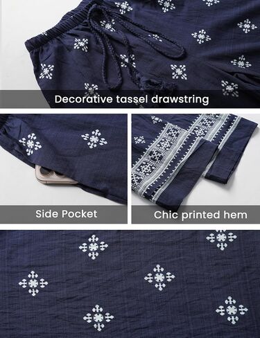 Springrain Women's Boho Wide Leg Linen Pants Casual High Waist Drawstring Summer Floral Palazzo Trousers with Pockets(Navy-XL) in Kuwait