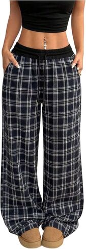 MAKEMECHIC Women's Plaid Wide Leg Pants Drawstring Elastic Waist Baggy Long Trousers in Kuwait