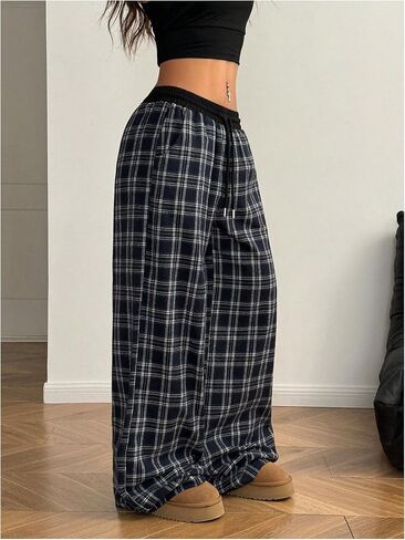MAKEMECHIC Women's Plaid Wide Leg Pants Drawstring Elastic Waist Baggy Long Trousers in Kuwait