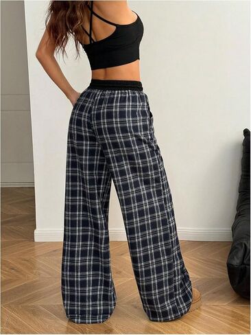MAKEMECHIC Women's Plaid Wide Leg Pants Drawstring Elastic Waist Baggy Long Trousers in Kuwait