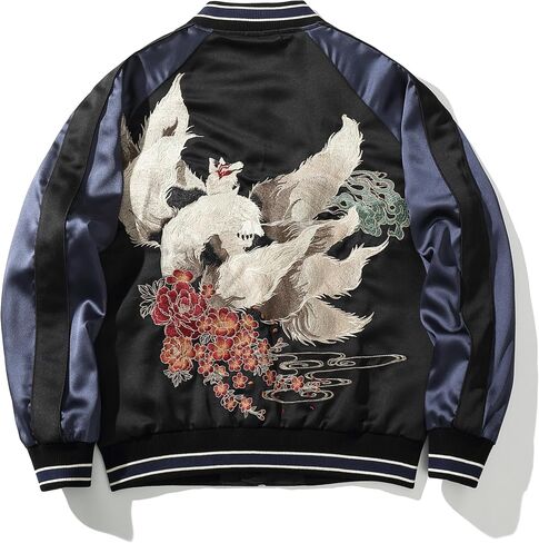 Nine-tailed Fox Embroidery Mens Bomber Jacket Japanese Style Satin Streetwear Causal Motorcycle Coat Windbreaker in Saudi Arabia