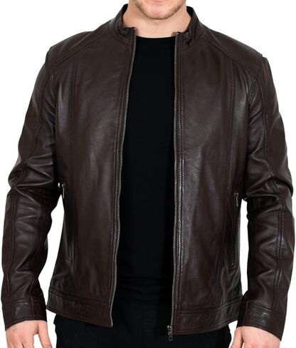 BRICK LANE Stand Collar Leather Jacket for Men | Timeless Design - Genuine Lamb Nappa Leather Cafe Racer Jacket in Kuwait