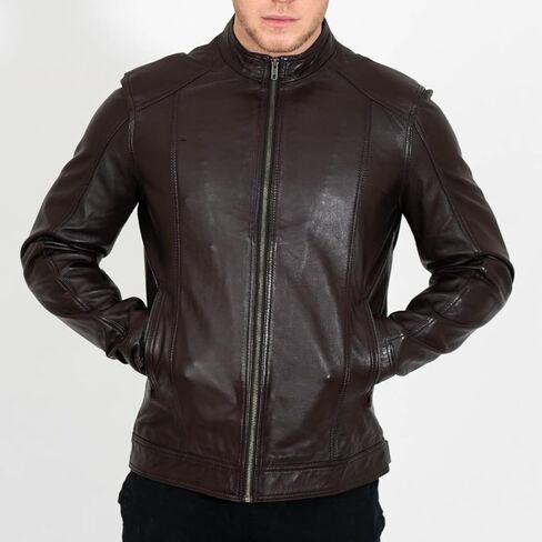 BRICK LANE Stand Collar Leather Jacket for Men | Timeless Design - Genuine Lamb Nappa Leather Cafe Racer Jacket in Kuwait