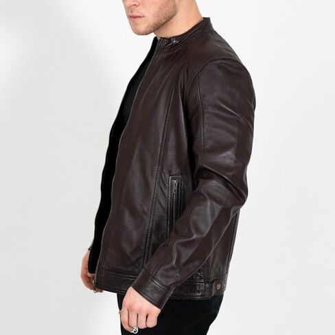 BRICK LANE Stand Collar Leather Jacket for Men | Timeless Design - Genuine Lamb Nappa Leather Cafe Racer Jacket in Kuwait