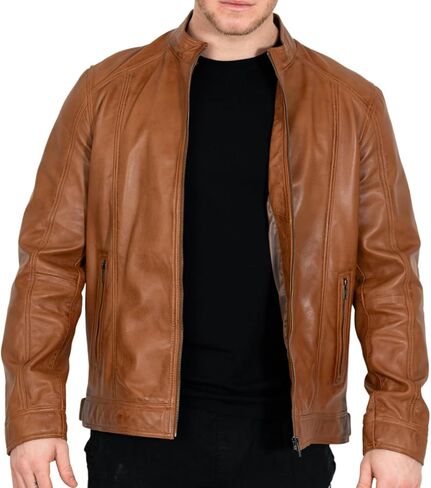 BRICK LANE Stand Collar Leather Jacket for Men | Timeless Design - Genuine Lamb Nappa Leather Cafe Racer Jacket in Kuwait