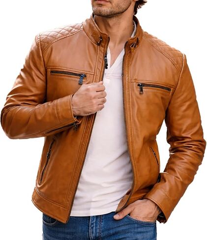 Cafe Racer Tan Brown Lambskin Leather Vintage Retro Distressed Biker Leather Jacket - Moto Leather Jacket Men in Saudi Arabia
