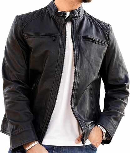Cafe Racer Tan Brown Lambskin Leather Vintage Retro Distressed Biker Leather Jacket - Moto Leather Jacket Men in Saudi Arabia