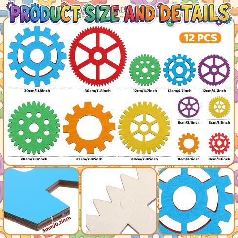 Yerliker 12 Pcs Wood Gear Wall Decorations Set for Craft, 12in-3in Large Colorful Rustic Wheel Cogwheel Steampunk Industrial Art Craft Lab Home Office Bar Cafe Party in Kuwait