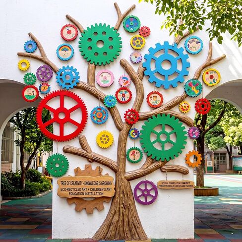 Yerliker 12 Pcs Wood Gear Wall Decorations Set for Craft, 12in-3in Large Colorful Rustic Wheel Cogwheel Steampunk Industrial Art Craft Lab Home Office Bar Cafe Party in Kuwait
