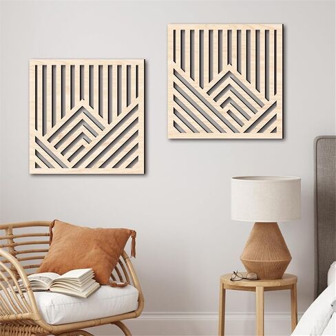Geometric Mountain Wood Wall Art Decor, 2 Pcs Modern Mountain Wall Sculptures Wooden Square Hanging Abstract Panels, 3D Square Hollow Wood Art Wall Decor for Home Office Living Room Bedroom (Black) in Kuwait