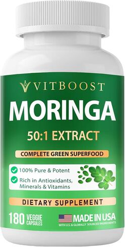 VITBOOST Moringa Oleifera 50:1 Extract Capsules 400mg - Moringa Capsules for Antioxidant Superfood, Energy & Immune Support - Non-GMO, Lab Tested, Made in USA - 180 Count | 3 Month Supply in Saudi Arabia