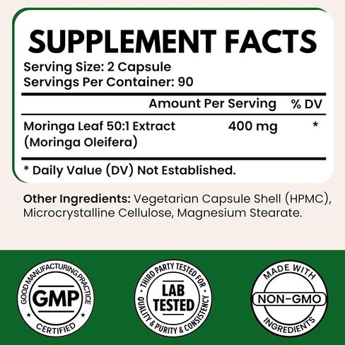 VITBOOST Moringa Oleifera 50:1 Extract Capsules 400mg - Moringa Capsules for Antioxidant Superfood, Energy & Immune Support - Non-GMO, Lab Tested, Made in USA - 180 Count | 3 Month Supply in Saudi Arabia