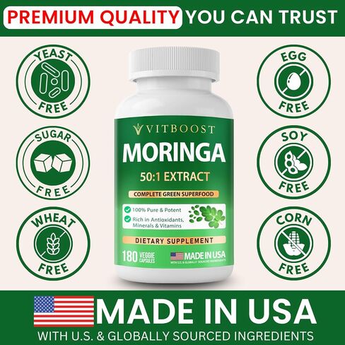 VITBOOST Moringa Oleifera 50:1 Extract Capsules 400mg - Moringa Capsules for Antioxidant Superfood, Energy & Immune Support - Non-GMO, Lab Tested, Made in USA - 180 Count | 3 Month Supply in Saudi Arabia