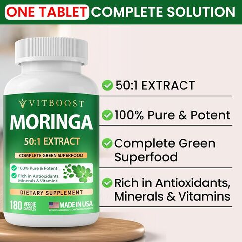 VITBOOST Moringa Oleifera 50:1 Extract Capsules 400mg - Moringa Capsules for Antioxidant Superfood, Energy & Immune Support - Non-GMO, Lab Tested, Made in USA - 180 Count | 3 Month Supply in Saudi Arabia