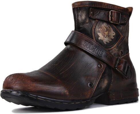 OSSTONE Moto Boots for Men Fashion Zipper-up Designer Leather Retro Chukka Boots Casual Shoes OS-5008-1-BY-US-R Vintage Black in Kuwait