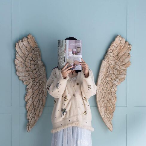 Large Angel Wings Decor Distressed Antique Finish Realistic Wood Texture Hanging Wall Art Sculpture Easy Installation Life Sized 2 Piece Set 12" x 41" in Saudi Arabia