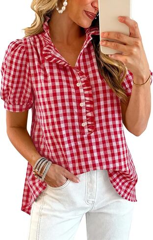 Puff Short Sleeve Tops for Women Summer Striped Plaid Ruffle Button Down Shirts Business Casual Work Dressy Blouses in Saudi Arabia