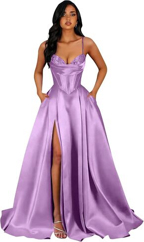 Floral Prom Dress for Women Teens Satin Ball Gown Corset Spaghetti Straps Formal Evening Gowns with Slit Pockets in Kuwait