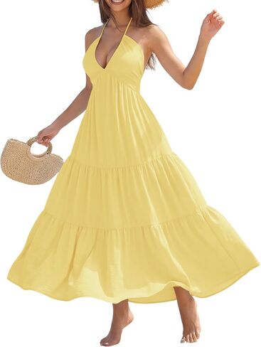 YZEGGO Women's Summer Halter Maxi Dress Backless Bow Tie Beach Vacation Dresses Flowy Ruffle A Line Casual Sundress in Saudi Arabia