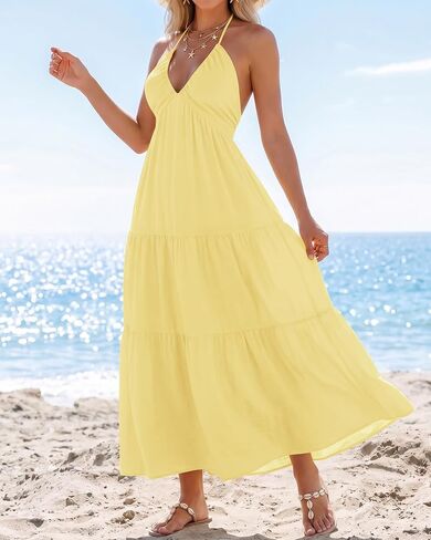 YZEGGO Women's Summer Halter Maxi Dress Backless Bow Tie Beach Vacation Dresses Flowy Ruffle A Line Casual Sundress in Saudi Arabia