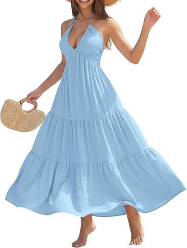 YZEGGO Women's Summer Halter Maxi Dress Backless Bow Tie Beach Vacation Dresses Flowy Ruffle A Line Casual Sundress in Saudi Arabia