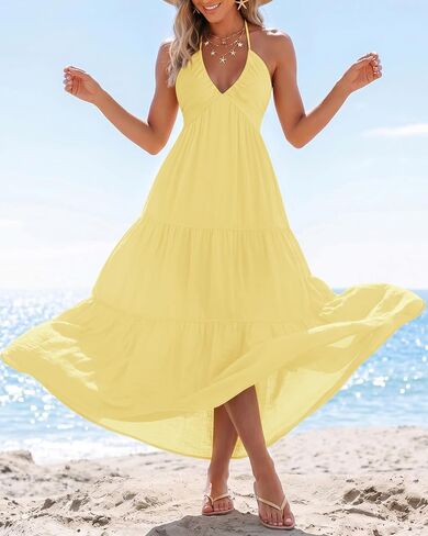 YZEGGO Women's Summer Halter Maxi Dress Backless Bow Tie Beach Vacation Dresses Flowy Ruffle A Line Casual Sundress in Saudi Arabia