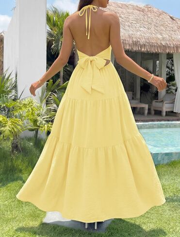 YZEGGO Women's Summer Halter Maxi Dress Backless Bow Tie Beach Vacation Dresses Flowy Ruffle A Line Casual Sundress in Saudi Arabia