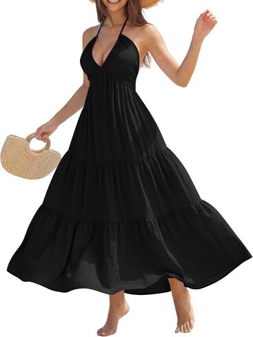 YZEGGO Women's Summer Halter Maxi Dress Backless Bow Tie Beach Vacation Dresses Flowy Ruffle A Line Casual Sundress in Saudi Arabia