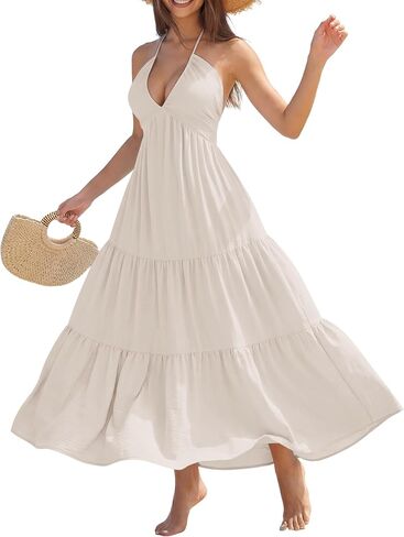 YZEGGO Women's Summer Halter Maxi Dress Backless Bow Tie Beach Vacation Dresses Flowy Ruffle A Line Casual Sundress in Saudi Arabia