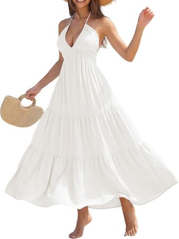 YZEGGO Women's Summer Halter Maxi Dress Backless Bow Tie Beach Vacation Dresses Flowy Ruffle A Line Casual Sundress in Saudi Arabia
