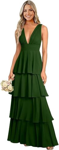Tiered Chiffon Bridesmaid Dresses for Women Long V Neck Sleeveless Wedding Guest Dress in Saudi Arabia