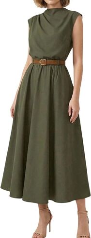 OYOANGLE Women's Mock Neck Ruched Belted Dress Button Back Elegant Flared Sleeveless A Line Long Dress in Saudi Arabia