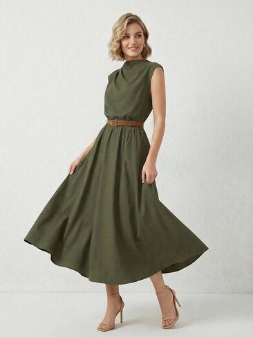 OYOANGLE Women's Mock Neck Ruched Belted Dress Button Back Elegant Flared Sleeveless A Line Long Dress in Saudi Arabia
