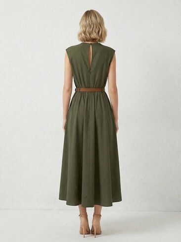 OYOANGLE Women's Mock Neck Ruched Belted Dress Button Back Elegant Flared Sleeveless A Line Long Dress in Saudi Arabia