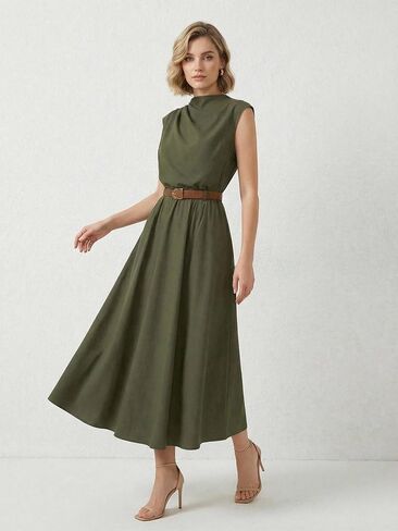 OYOANGLE Women's Mock Neck Ruched Belted Dress Button Back Elegant Flared Sleeveless A Line Long Dress in Saudi Arabia