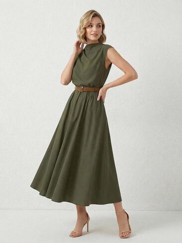OYOANGLE Women's Mock Neck Ruched Belted Dress Button Back Elegant Flared Sleeveless A Line Long Dress in Saudi Arabia