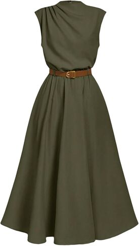 OYOANGLE Women's Mock Neck Ruched Belted Dress Button Back Elegant Flared Sleeveless A Line Long Dress in Saudi Arabia