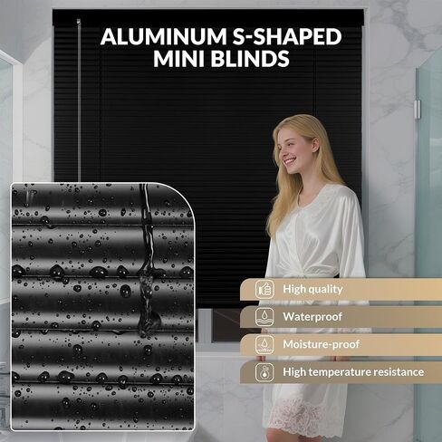 Boolegon Cordless Mini Blinds for Indoor Windows,Aluminum 1" S-Curve 100% Privacy,Waterproof,Room Darkening,Horizontal Window Blinds for Door,Kitchen,Bathroom,Bedroom, Black, 19" W x 39" H in Saudi Arabia
