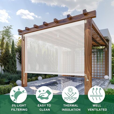 Outdoor Roller Shade for Patio Shades Roll up Exterior Blinds Cordless Wand Operation Privacy Screen Hand cranking Roller Shades for Porch Pergola Balcony,60" W x 72" H(10% Openness White) in Saudi Arabia
