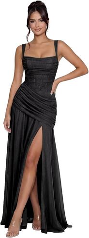 Spaghetti Straps Square Neck Bridesmaid Dresses for Women Long with Slit Chiffon A-Line Elegant Formal Maxi Gown in Kuwait