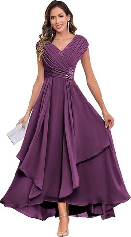 Chiffon Tea Length Mother of The Bride Dresses Long A line V-Neck Formal Evening Dresses for Women in Saudi Arabia