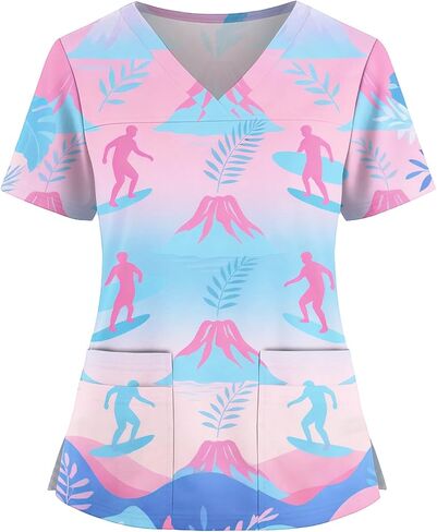Hawaiian Print Scrub Top for Women Short Sleeve V-Neck Stretch Comfort Nurse Shirt Cute Medical Uniform with Pockets in Saudi Arabia
