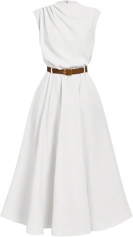 OYOANGLE Women's Mock Neck Ruched Belted Dress Button Back Elegant Flared Sleeveless A Line Long Dress in Kuwait