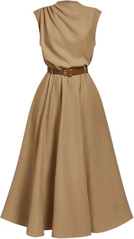 OYOANGLE Women's Mock Neck Ruched Belted Dress Button Back Elegant Flared Sleeveless A Line Long Dress in Saudi Arabia