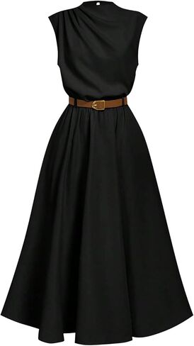 OYOANGLE Women's Mock Neck Ruched Belted Dress Button Back Elegant Flared Sleeveless A Line Long Dress in Saudi Arabia