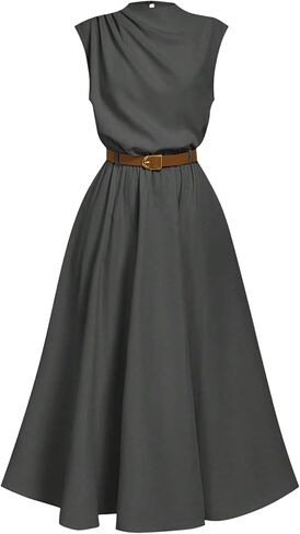 OYOANGLE Women's Mock Neck Ruched Belted Dress Button Back Elegant Flared Sleeveless A Line Long Dress in Saudi Arabia