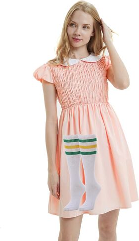 Women's Pure Pink Peter Pan Collar Summer Dresses For Women Short Sleeve,Socks Included in Saudi Arabia
